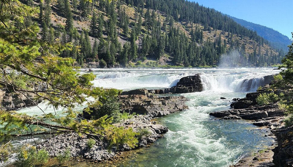 a rushing river, surrounded by rocky banks and tall green trees. the background shows several mountains, somewhat covered by snow.